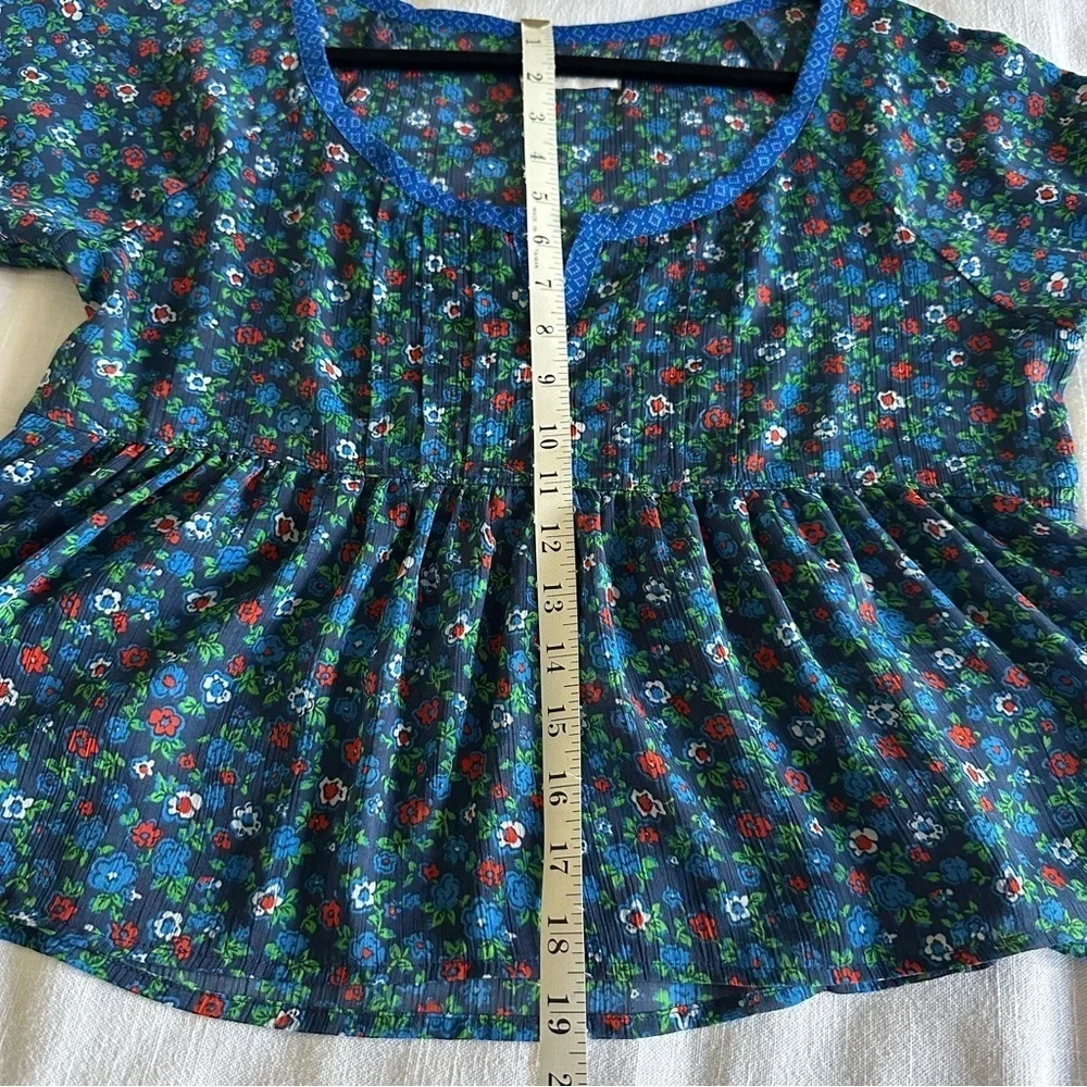 Hollister Womens S Blue Ditsy Floral  Pleated Sheer Chiffon Top Boho Cottage - Picture 11 of 16